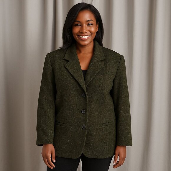 White Stag Wool Blend Tweed Blazer Coat Green Plus Size 20W 3 Button Jacket - Picture 1 of 11